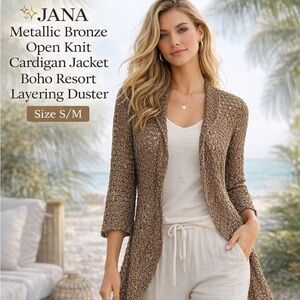 JANA Metallic Bronze Open-Knit Cardigan Boho Resort Layering Duster, Size S/M